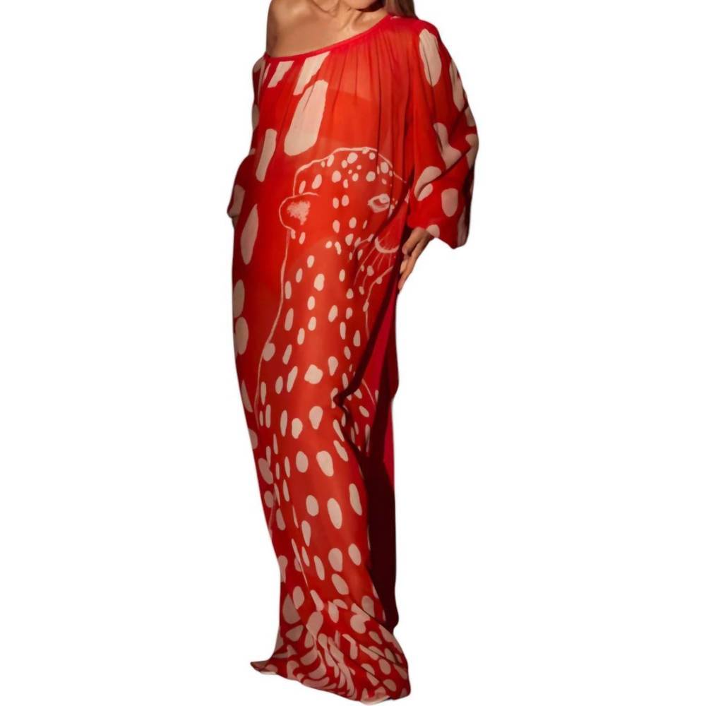 One-Shoulder Red Printed Caftan Dress